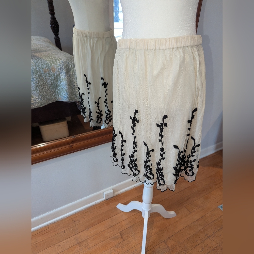 Cream A-Line Skirt with Black Floral Appliqué